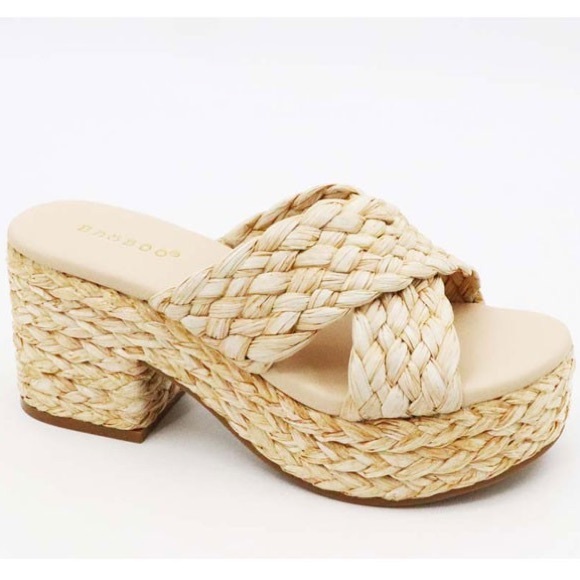 NWT!! RAFFIA NATURAL CRISS CROSS PLATFORM CHUNKY HEEL SLIDE SANDAL - Picture 5 of 11
